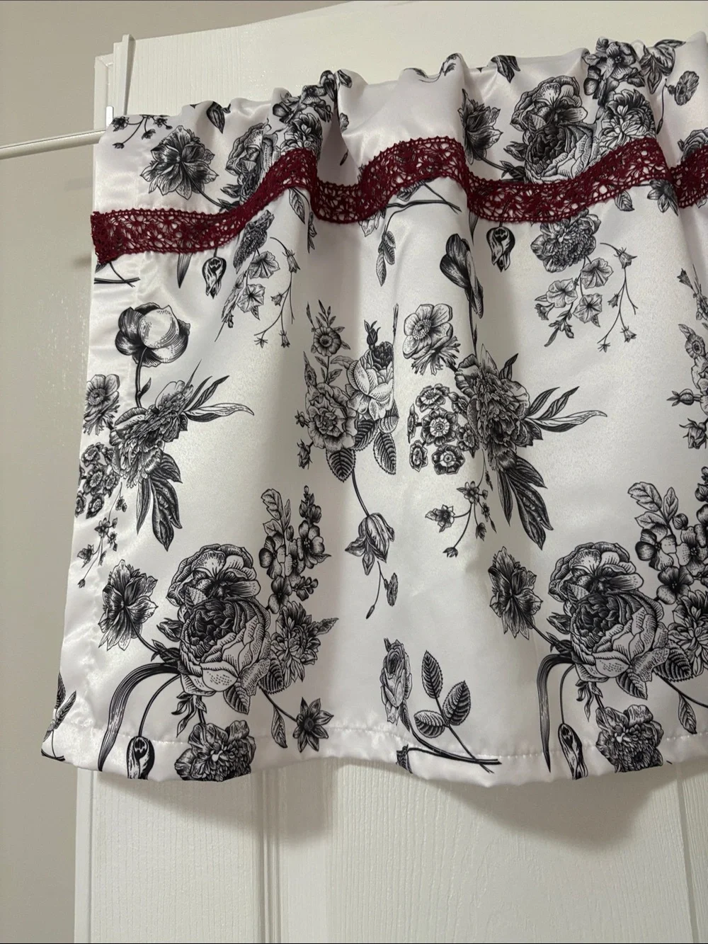 Black & White Floral Valance with Burgundy Lace Trim